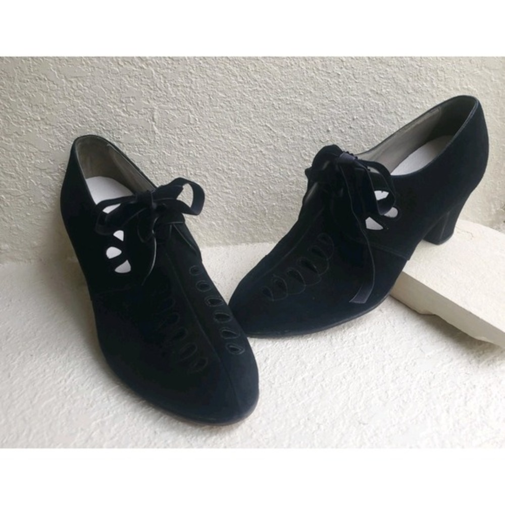 Vintage 1930s 40s Black Suede Lace Up Heels Womens Oxford Block Heel Art Deco 7